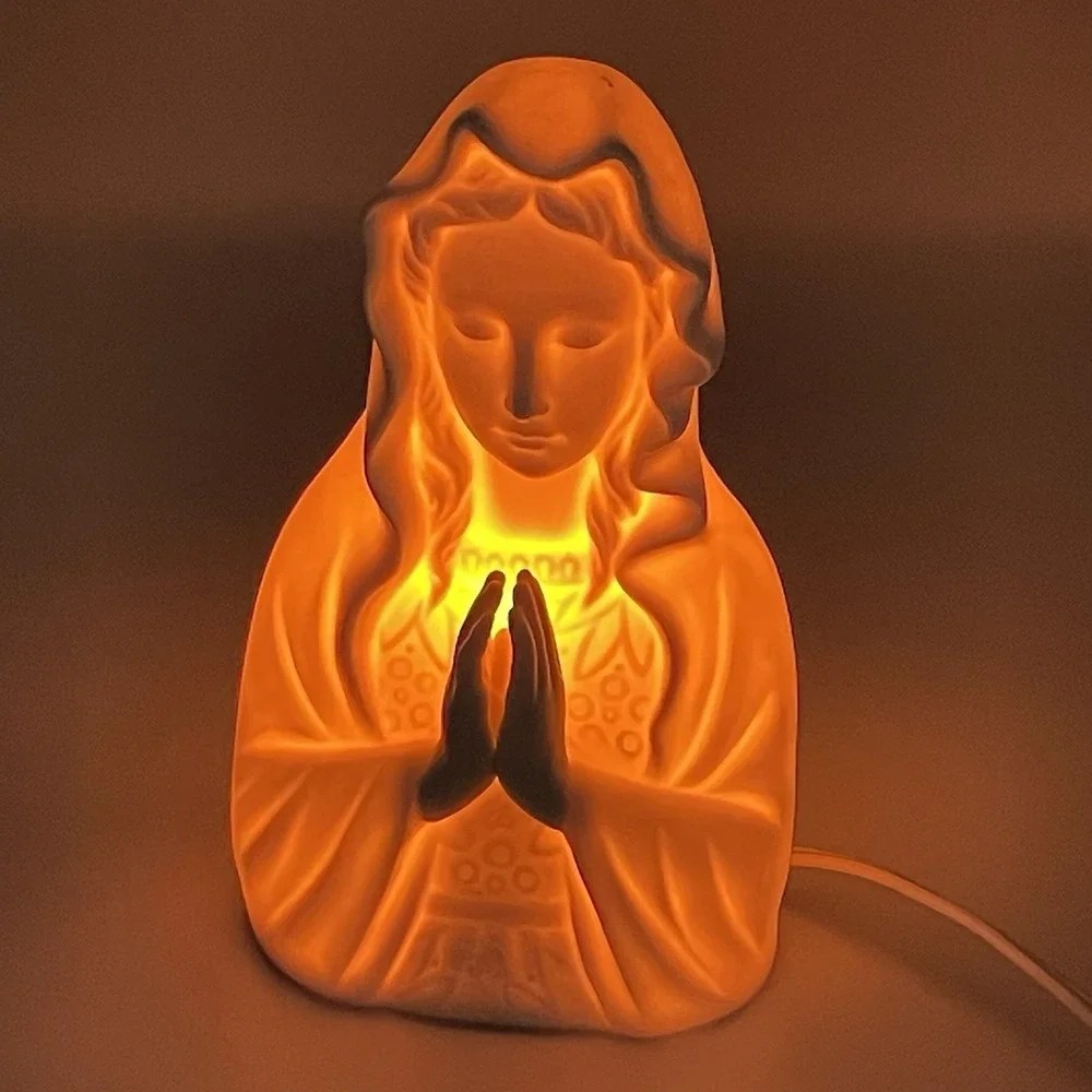 Vintage 1980s White Bisque Porcelain Praying Virgin Mary Lighted Bust Lamp 6
